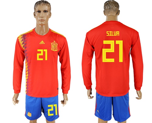Spain #21 Silva Red Home Long Sleeves Soccer Country Jersey - Click Image to Close